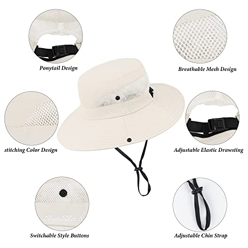 Vikodah Womens Summer Quick-Dry-Sun-Hat Outdoor - Mesh Wide Brim UV-Protection Beach Fishing Hat with Ponytail Hole Foldable Beige - Image 3