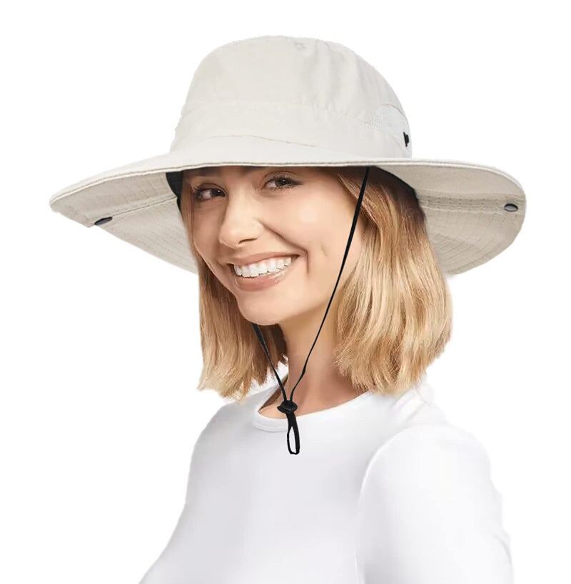 Vikodah Womens Summer Quick-Dry-Sun-Hat Outdoor - Mesh Wide Brim UV-Protection Beach Fishing Hat with Ponytail Hole Foldable Beige - Image 2