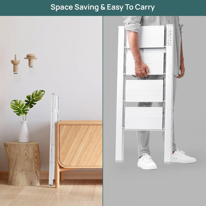 MUGATH 4 Steps Premium Folding Step Stool with Wide AntiSlip Pedal Portable Lightweight Aluminum Step Ladder for Home and Office Use White - Image 4