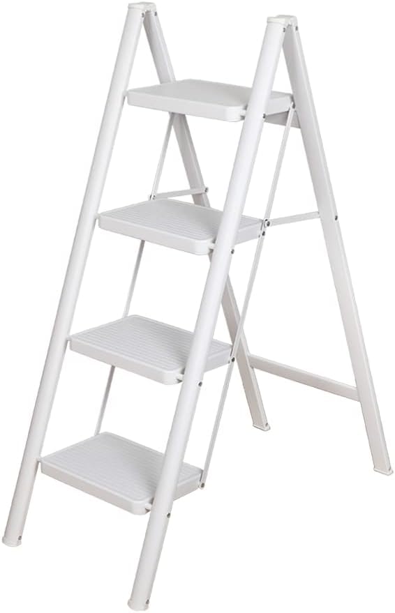 MUGATH 4 Steps Premium Folding Step Stool with Wide AntiSlip Pedal Portable Lightweight Aluminum Step Ladder for Home and Office Use White - Image 1