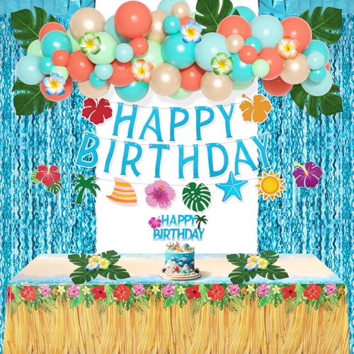 Amandir Summer Tropical Birthday Party Decorations Beach Theme Party Supplies with Table Cloth Happy Birthday Banner Aloha Hawaiian Luau Balloons Foil Fringe Curtains Hibiscus Palm Leaves Cake Toppers - Image 5