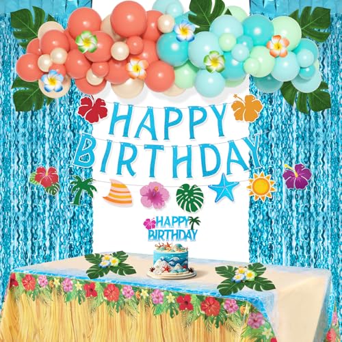 Amandir Summer Tropical Birthday Party Decorations Beach Theme Party Supplies with Table Cloth Happy Birthday Banner Aloha Hawaiian Luau Balloons Foil Fringe Curtains Hibiscus Palm Leaves Cake Toppers - Image 1