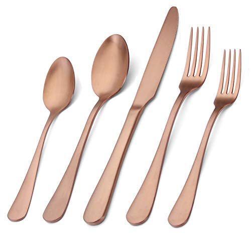 sharecook Matte Rose Gold Silverware Set , Satin Finish 20-Piece Stainless Steel Flatware Set with Round Edge,Kitchen Utensil Set Service for 4 , Dishwasher Safe - Image 1