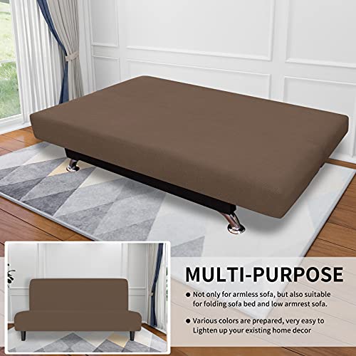 Easy-Going Stretch Futon Slipcover Armless Futon Bed Cover Furniture Protector Without Armrests with Elastic Bottom for Kids, Soft Jacquard Fabric Small Checks (Large, Brown) - Image 4