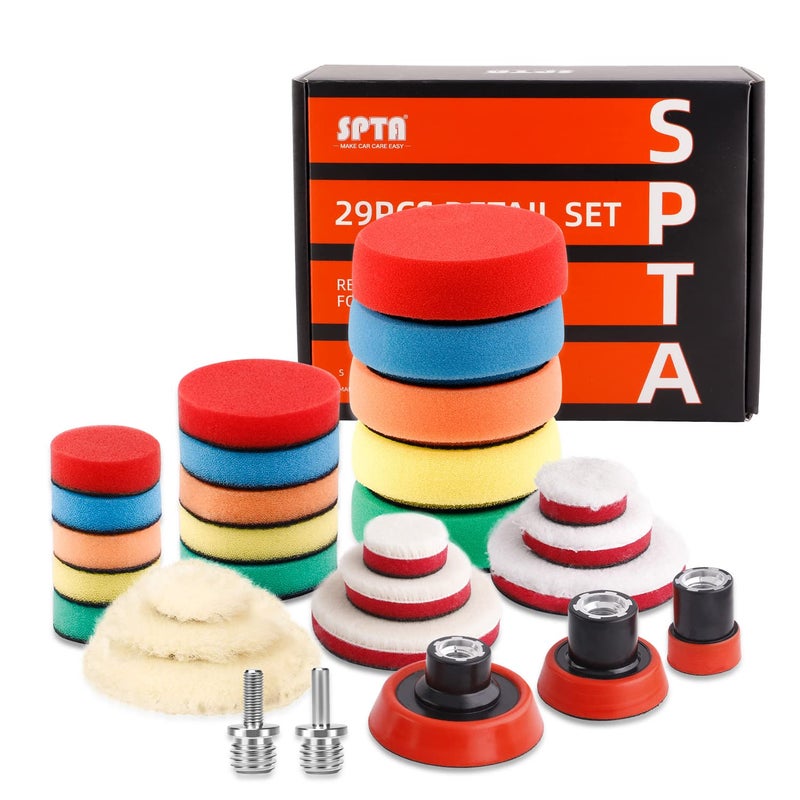 SPTA 29pcs Drill Buffing Pad Detail Polishing Pad Mix Size Kit with 5/8-11 Thread Backing pad & Adapters for Car Sanding, Polishing, Waxing, Sealing Glaze - Image 1