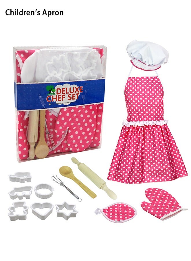 13Pcs Set Kids Cooking Baking, Kids Chef Role Play Costume Set, Chef Hat and Matching Pink Apron Children Dress up Pretend Gift for Girls - Image 1
