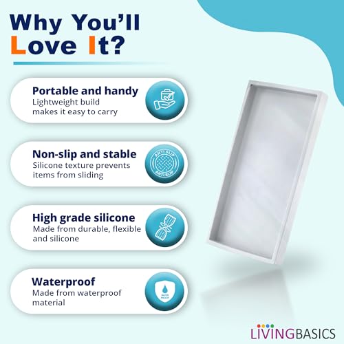 LivingBasics 1Pc Rectangle Silicone Countertop & Vanity Tray, Tray for Soap Dispenser Bottles, Bathroom Accessories Trays for Toiletries/Kitchen Sink, Cosmetic/Coffee Table Organizer Display Holder - Image 3