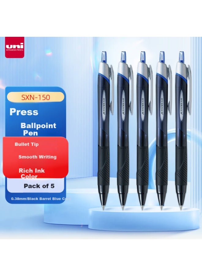 Uni Mitsubishi Jetstream Series Retractable Ballpoint Pen Sxn-150 Smooth Student Office Pen 0.38Mm Black Barrel Blue Ink 5-Pack - Image 1