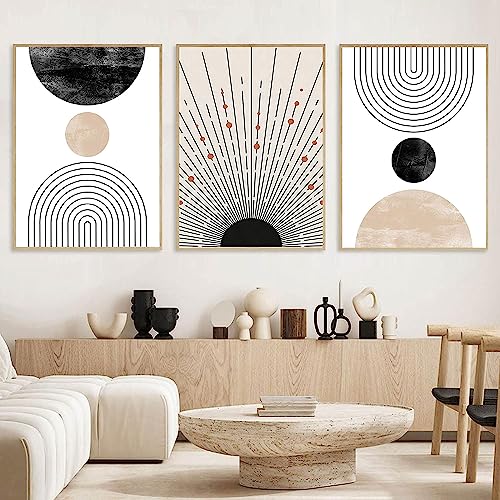 LOARTVE 3Pcs Beige Boho Wall Art Mid Century Modern Wall Decor Pictures Neutral Abstract Geometric Line Minimalist Canvas Posters Prints for Living Room Bedroom Office Home Decoration Unframed - Image 1