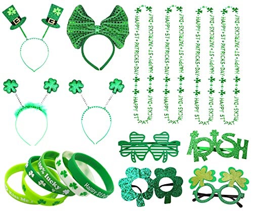 Atonofun 18 Pcs St Patricks Day Accessories for Kids St Patricks Day Headbands Lucky Bracelet Shamrock Eyeglass and Clover Necklace for Irish Party Supplies Decorations - Image 1