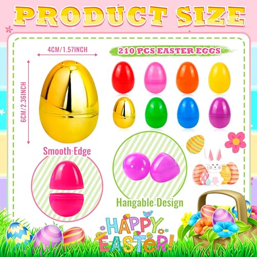OCTERIC 210Pcs Easter Eggs 23 Fillable Colorful Mix Gold Plastic Easter Eggs Empty for Easter Hunt Easter Basket Stuffers Party Favor Classroom Prize Supplies - Image 5