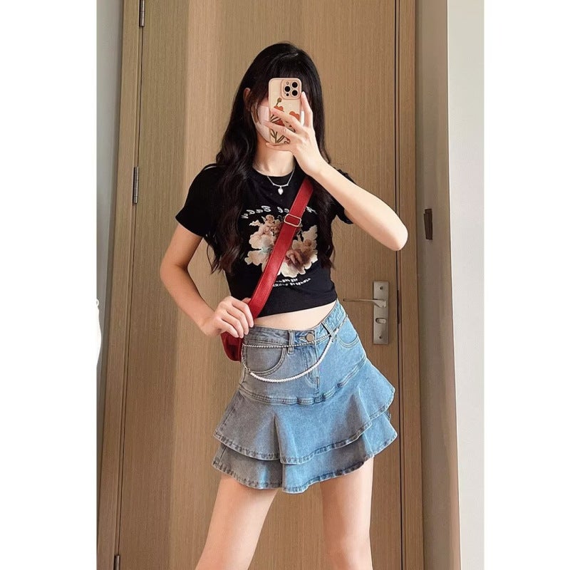 American Style Girl Denim Skirt Women'S Summer 2023 New High Waist Slim A- Line Skirt Ruffled Hip Skirt - Image 4