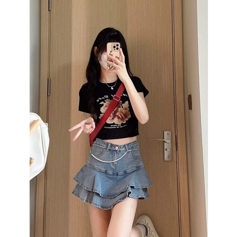 American Style Girl Denim Skirt Women'S Summer 2023 New High Waist Slim A- Line Skirt Ruffled Hip Skirt - Image 3