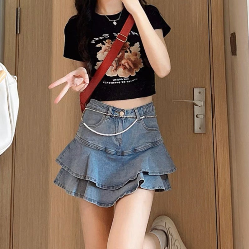 American Style Girl Denim Skirt Women'S Summer 2023 New High Waist Slim A- Line Skirt Ruffled Hip Skirt - Image 2