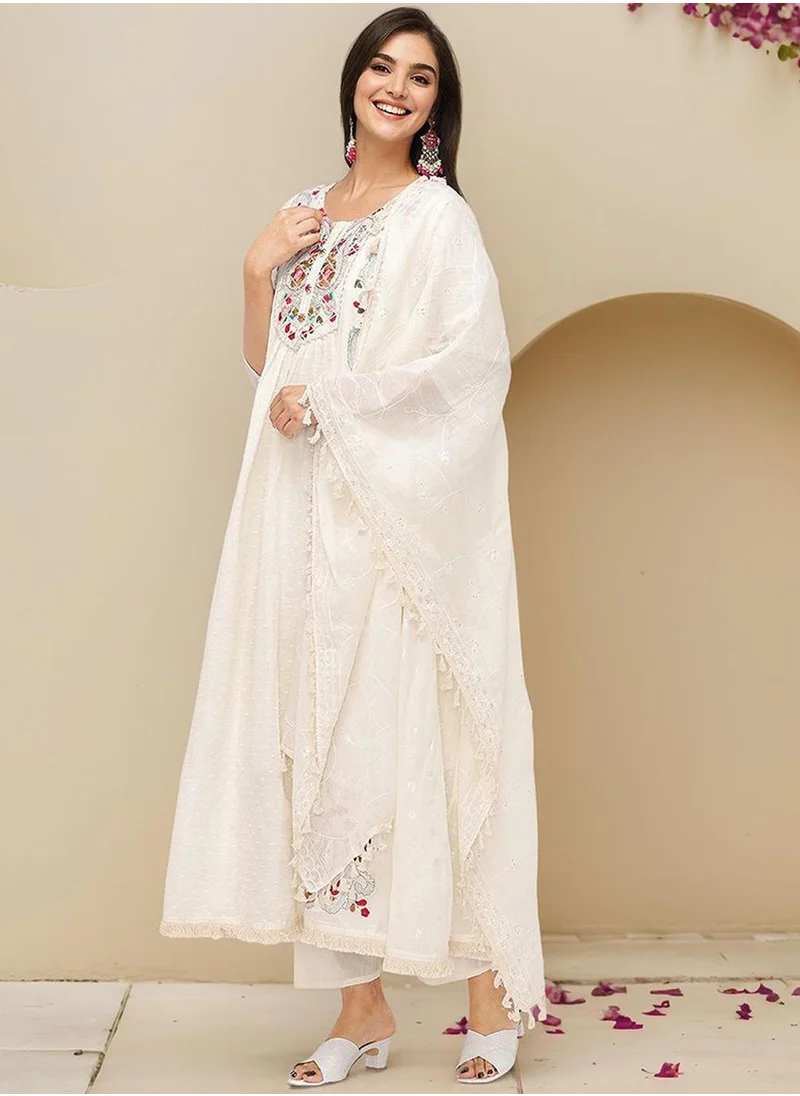 آي شين Women's Off White 100% Cotton Embellished Tunic Full Length Casual Straight Fit Kurta Set