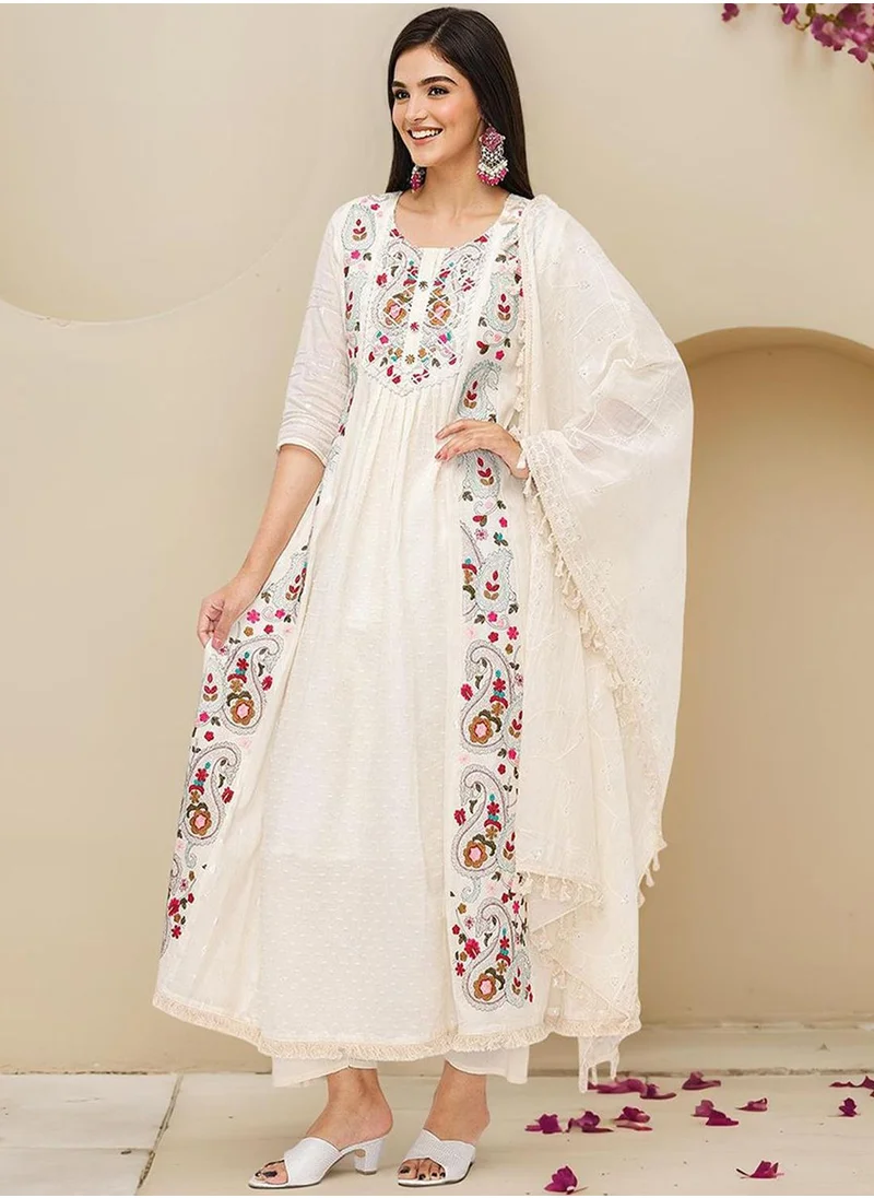 آي شين Women's Off White 100% Cotton Embellished Tunic Full Length Casual Straight Fit Kurta Set