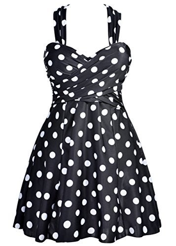 COCOPEAR Women Elegant Crossover One Piece Swimdress Floral Skirted Swimsuit,Polka Dot Black,Large / 8-10 - Image 4