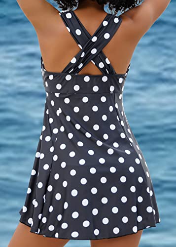 COCOPEAR Women Elegant Crossover One Piece Swimdress Floral Skirted Swimsuit,Polka Dot Black,Large / 8-10 - Image 3