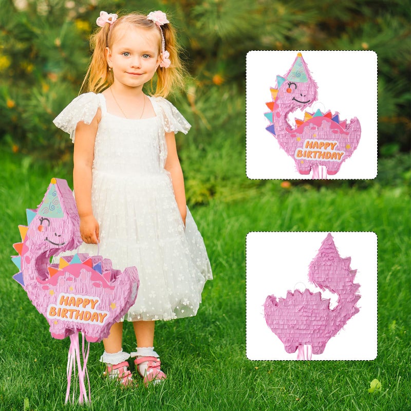 VinTS Pink Dinosaur PiÃ±ata Kids Dino PiÃ±ata with Blindfold Bat for Dinosaur Themed Party Game Girls Birthday Party School Activitives Dinosaur Birthday Decor(16.5x13x3.15in) - Image 4