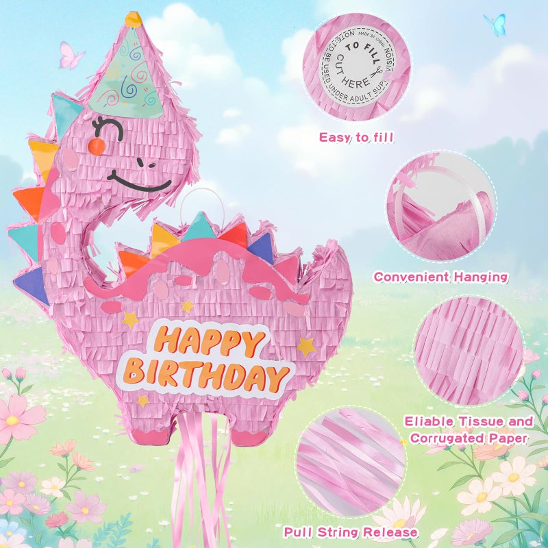 VinTS Pink Dinosaur PiÃ±ata Kids Dino PiÃ±ata with Blindfold Bat for Dinosaur Themed Party Game Girls Birthday Party School Activitives Dinosaur Birthday Decor(16.5x13x3.15in) - Image 3