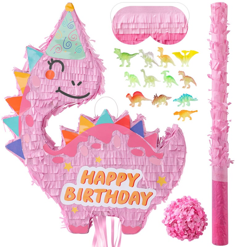 VinTS Pink Dinosaur PiÃ±ata Kids Dino PiÃ±ata with Blindfold Bat for Dinosaur Themed Party Game Girls Birthday Party School Activitives Dinosaur Birthday Decor(16.5x13x3.15in) - Image 1