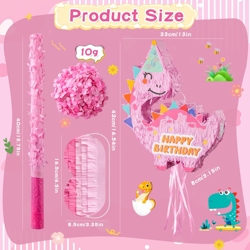 VinTS Pink Dinosaur PiÃ±ata Kids Dino PiÃ±ata with Blindfold Bat for Dinosaur Themed Party Game Girls Birthday Party School Activitives Dinosaur Birthday Decor(16.5x13x3.15in) - Image 2