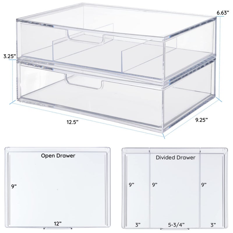 STORi STAX Plastic Stackable Organizer Drawers (Set of 2) Clear | 12.5" Wide | Set Includes One Open Drawer & One Divided Drawer | Organize Office Desk Accessories & Sort Paper | Made in USA - Image 5
