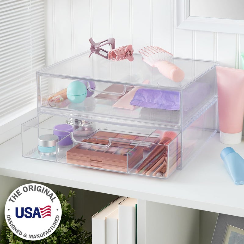 STORi STAX Plastic Stackable Organizer Drawers (Set of 2) Clear | 12.5" Wide | Set Includes One Open Drawer & One Divided Drawer | Organize Office Desk Accessories & Sort Paper | Made in USA - Image 2