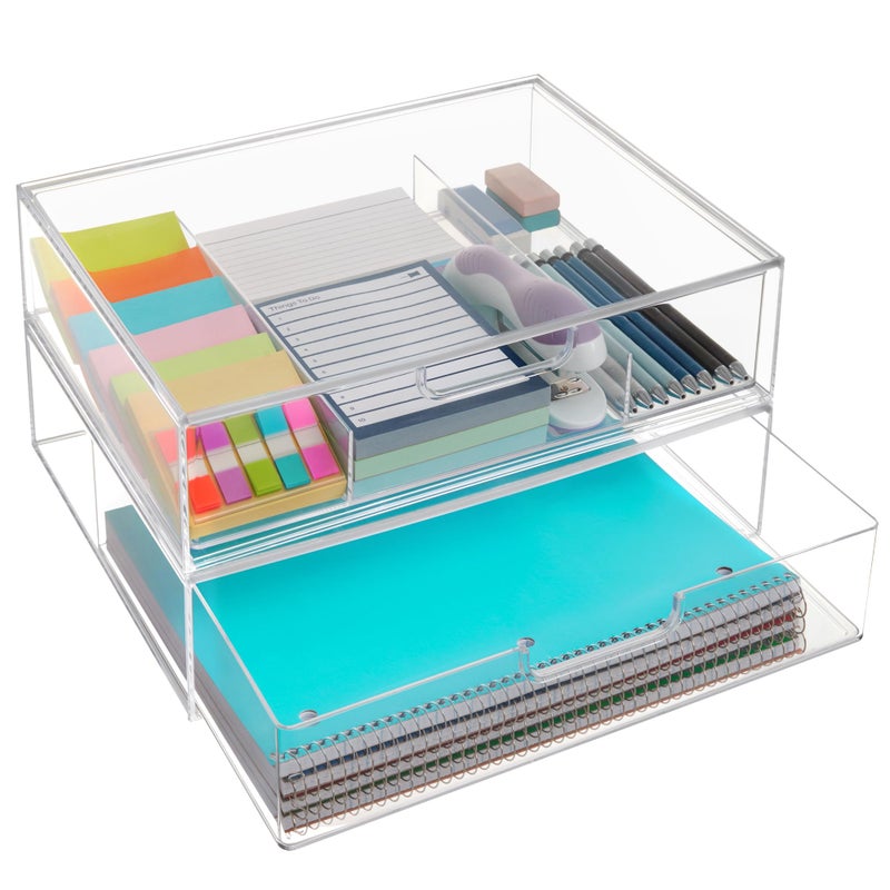 STORi STAX Plastic Stackable Organizer Drawers (Set of 2) Clear | 12.5" Wide | Set Includes One Open Drawer & One Divided Drawer | Organize Office Desk Accessories & Sort Paper | Made in USA - Image 1