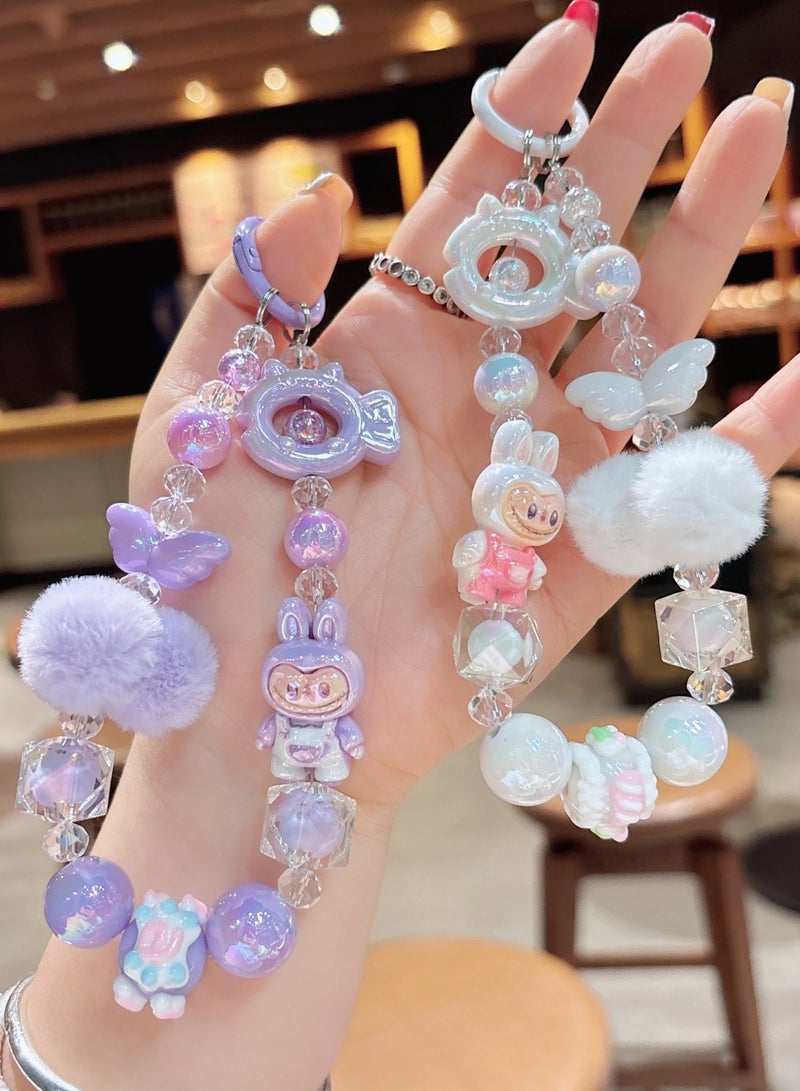 Generic 2-Piece Bling Keychains with Labubu, Pom-Pom and Assorted Beads | Kawaii Bag Charms and Phone Charms, Perfect Gifts for Besties and Girlfriends | Car Keychain Accessories | Purple and White  - Image 1