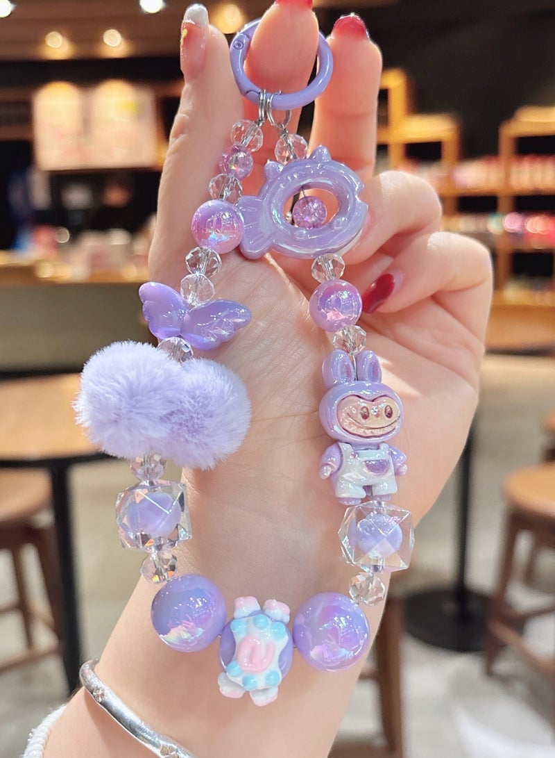 Generic 2-Piece Bling Keychains with Labubu, Pom-Pom and Assorted Beads | Kawaii Bag Charms and Phone Charms, Perfect Gifts for Besties and Girlfriends | Car Keychain Accessories | Purple and White  - Image 2