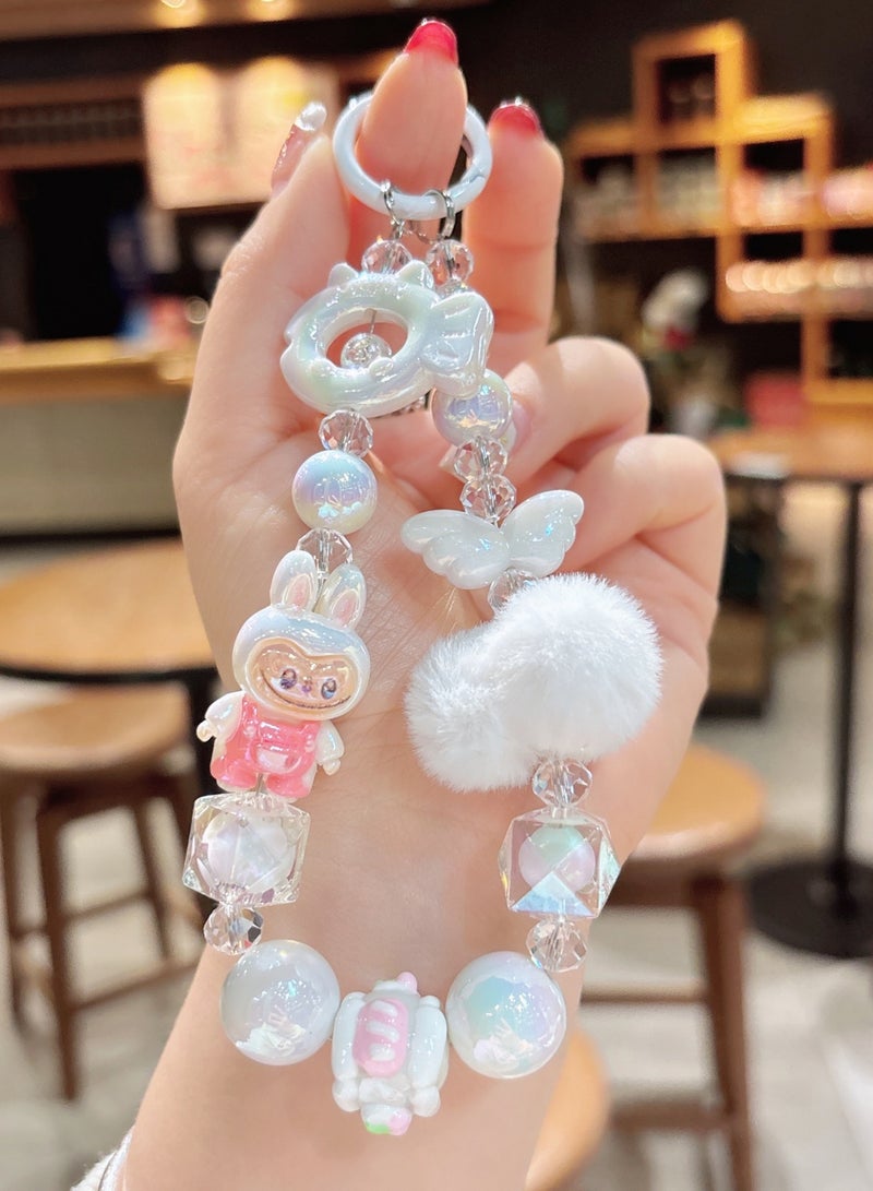 Generic 2-Piece Bling Keychains with Labubu, Pom-Pom and Assorted Beads | Kawaii Bag Charms and Phone Charms, Perfect Gifts for Besties and Girlfriends | Car Keychain Accessories | Purple and White  - Image 3