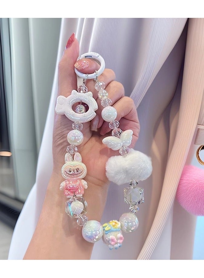 Generic 2-Piece Bling Keychains with Labubu, Pom-Pom and Assorted Beads | Kawaii Bag Charms and Phone Charms, Perfect Gifts for Besties and Girlfriends | Car Keychain Accessories | Purple and White  - Image 5
