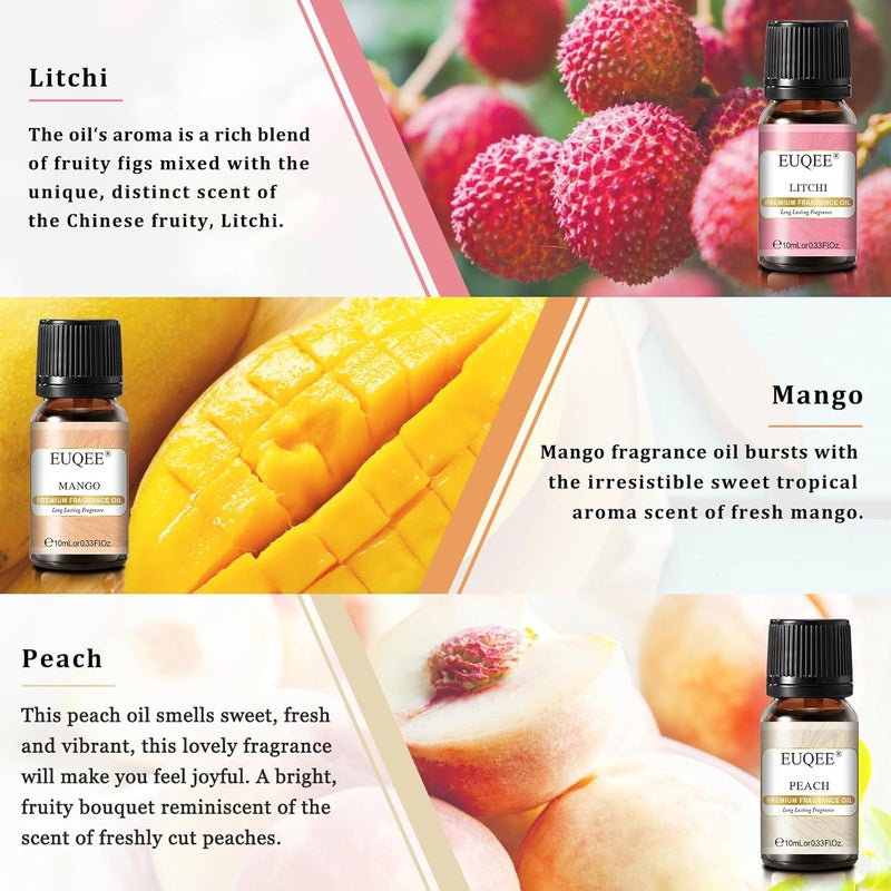 EUQEE Premium Fruit Fragrance Oils Gift Set Super Sweet - 6 x 10 ml - Fragranced Essential Oils for Strawberry, Cherry, Litchi, Apple, Mango, Peach - Diffuser, Candle Making, DIY - Image 4
