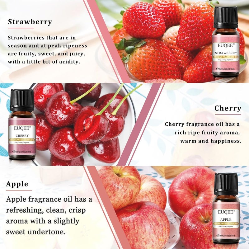 EUQEE Premium Fruit Fragrance Oils Gift Set Super Sweet - 6 x 10 ml - Fragranced Essential Oils for Strawberry, Cherry, Litchi, Apple, Mango, Peach - Diffuser, Candle Making, DIY - Image 5