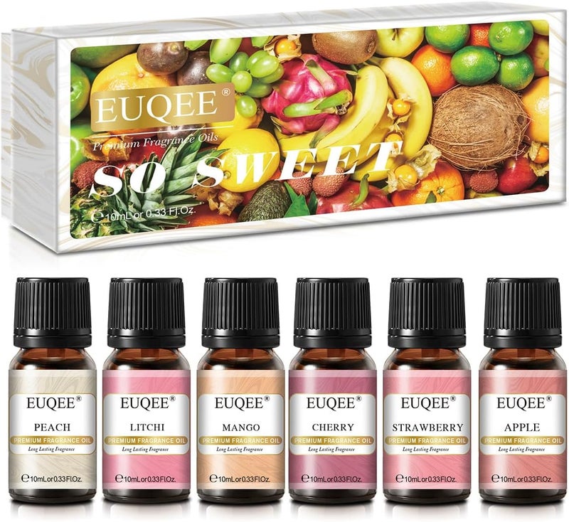 EUQEE Premium Fruit Fragrance Oils Gift Set Super Sweet - 6 x 10 ml - Fragranced Essential Oils for Strawberry, Cherry, Litchi, Apple, Mango, Peach - Diffuser, Candle Making, DIY - Image 1