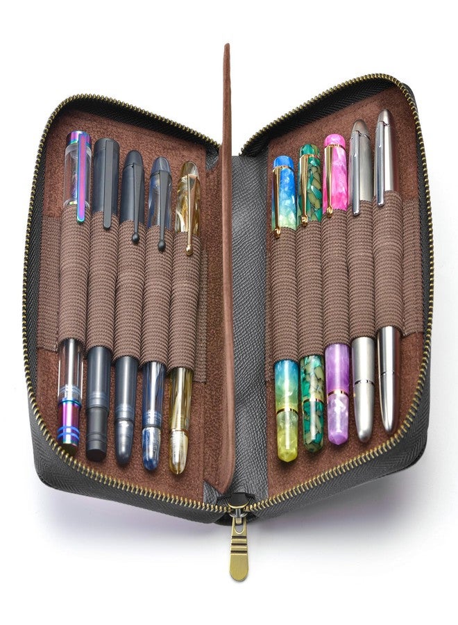 Asvine Fountain Pen Case Genuine Leather Pen Case 10 Divided Slots Black, Rollerball Pen Holder Handmade Display Organizer Zippered Pouch - Image 2