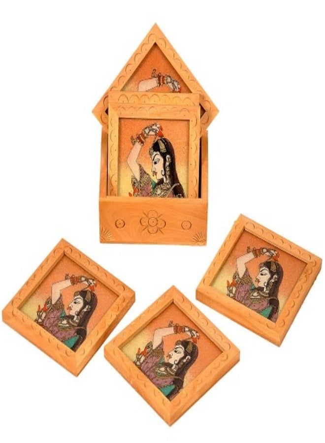 ART BUNDLE Set of 6 MDF Wood Tea Coasters with Stand (10 * 10 cm) (Dulhan Print 2)