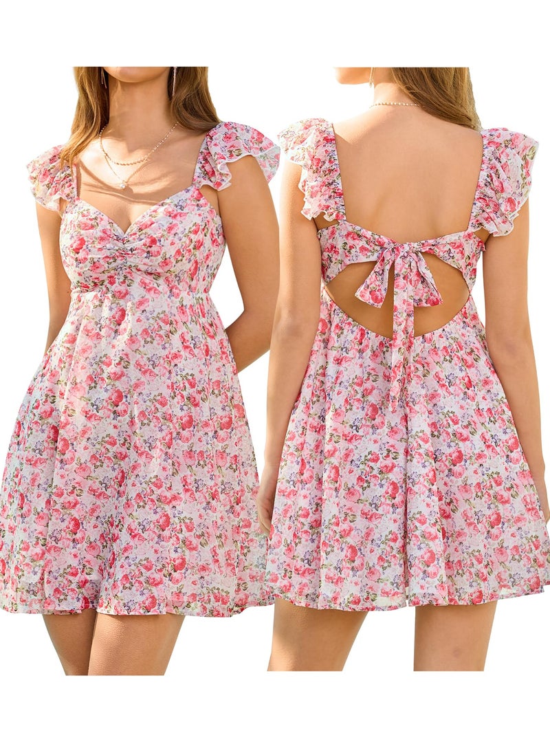 HTZMO Women Summer Floral Short Sundress V Neck Ruffle Bow Tie Sexy Backless A Line Flowy Cute Casual Beach Mini Dress 2026 Pink Floral M - Image 1