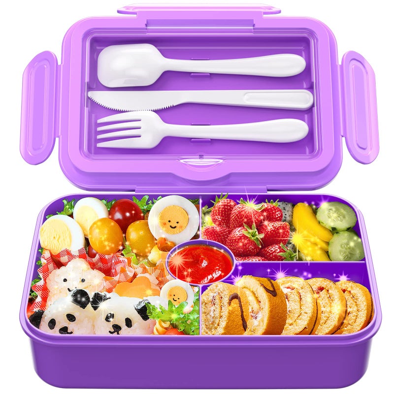 DaCool Lunch Box Kids Bento Box 75 Cups with 4Compartment Leakproof BPA Free Toddler Girls Lunch Containers with Fork Spoon for Meal Snack School Picnic Travel Microwave Dishwasher Safe Purple