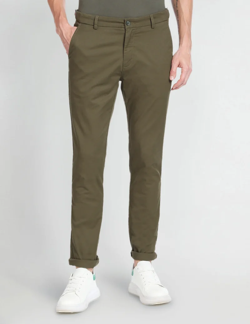 Arrow Olive Low Rise Solid Casual Trousers for Men | Best Price UAE
