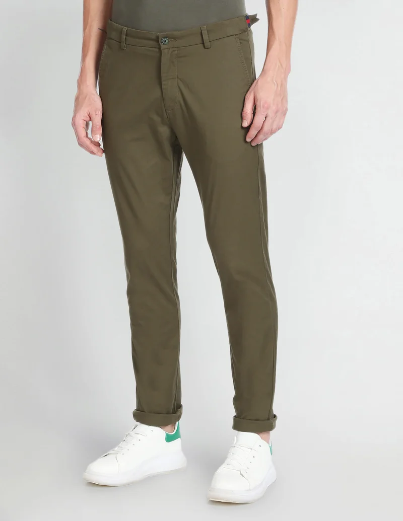 Arrow Olive Low Rise Solid Casual Trousers for Men | Best Price UAE