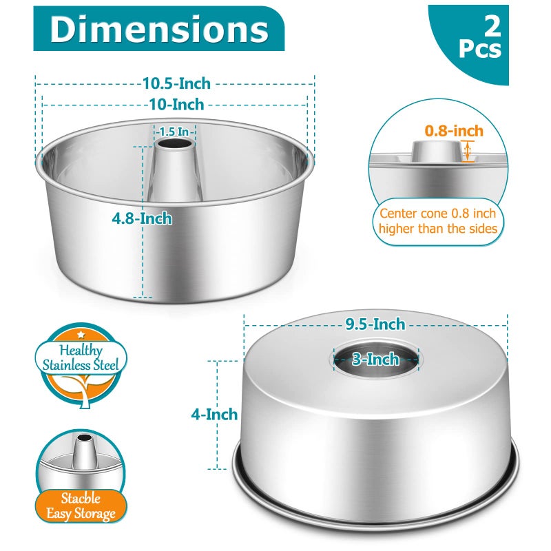 E-far مجموعة قوالب كعكة أنجل فود من E-far، 2 قطعة، قالب أنبوبي من الفولاذ المقاوم للصدأ مقاس 10 بوصات لخبز كعكة الشيفون، تصميم قطعة واحدة وغير سامة، آمنة في غسالة الصحون - Image 2
