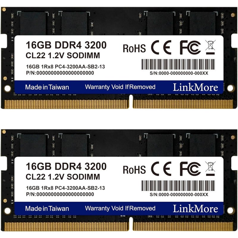 32GB Kit 2 x 16GB DDR4 3200MHz SODIMM (PC4-25600) CL19 1.2V Laptop Memory Module For Compatible Laptops Home Office Use Non-ECC Unbuffered Black - Image 1