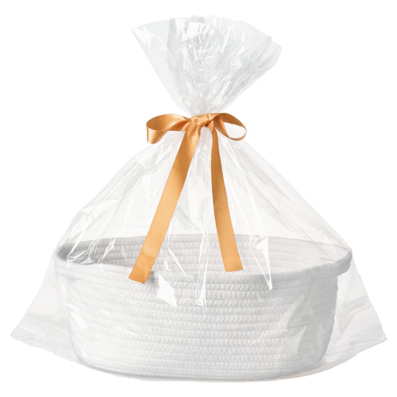 Kodomoore Small Woven Gift Basket Empty with Bag Ribbon Gifts for Mom Baby Shower Birthdays Raffle Cotton Rope Storage Basket for Dog Toys or Shelf 12x8x5 White - Image 2