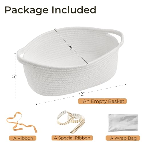 Kodomoore Small Woven Gift Basket Empty with Bag Ribbon Gifts for Mom Baby Shower Birthdays Raffle Cotton Rope Storage Basket for Dog Toys or Shelf 12x8x5 White - Image 3