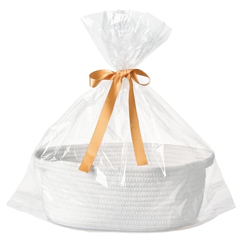 Kodomoore Small Woven Gift Basket Empty with Bag Ribbon Gifts for Mom Baby Shower Birthdays Raffle Cotton Rope Storage Basket for Dog Toys or Shelf 12x8x5 White - Image 1