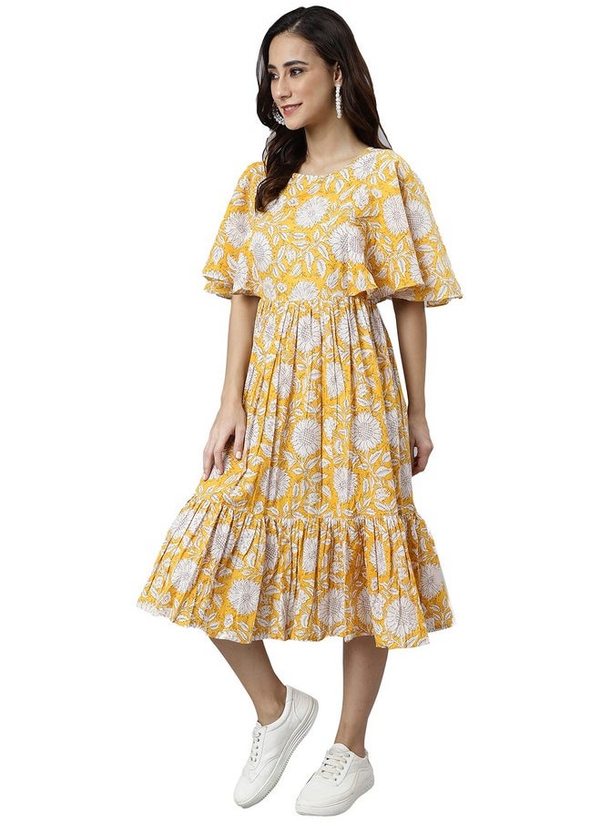 Janasya - Janasya Women's Yellow Cotton Floral Print Midi Dress - Image 1