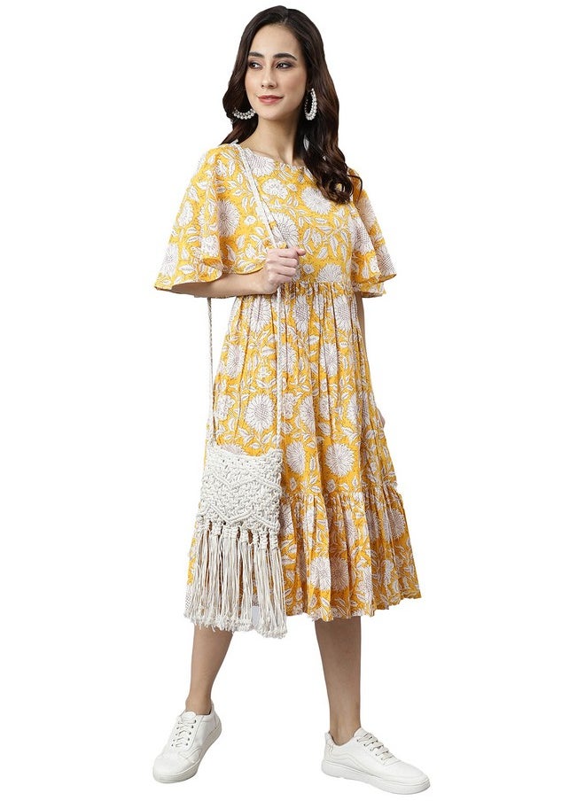 Janasya - Janasya Women's Yellow Cotton Floral Print Midi Dress - Image 1