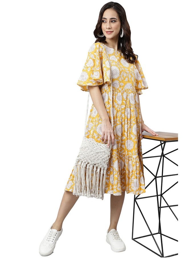 Janasya - Janasya Women's Yellow Cotton Floral Print Midi Dress - Image 1